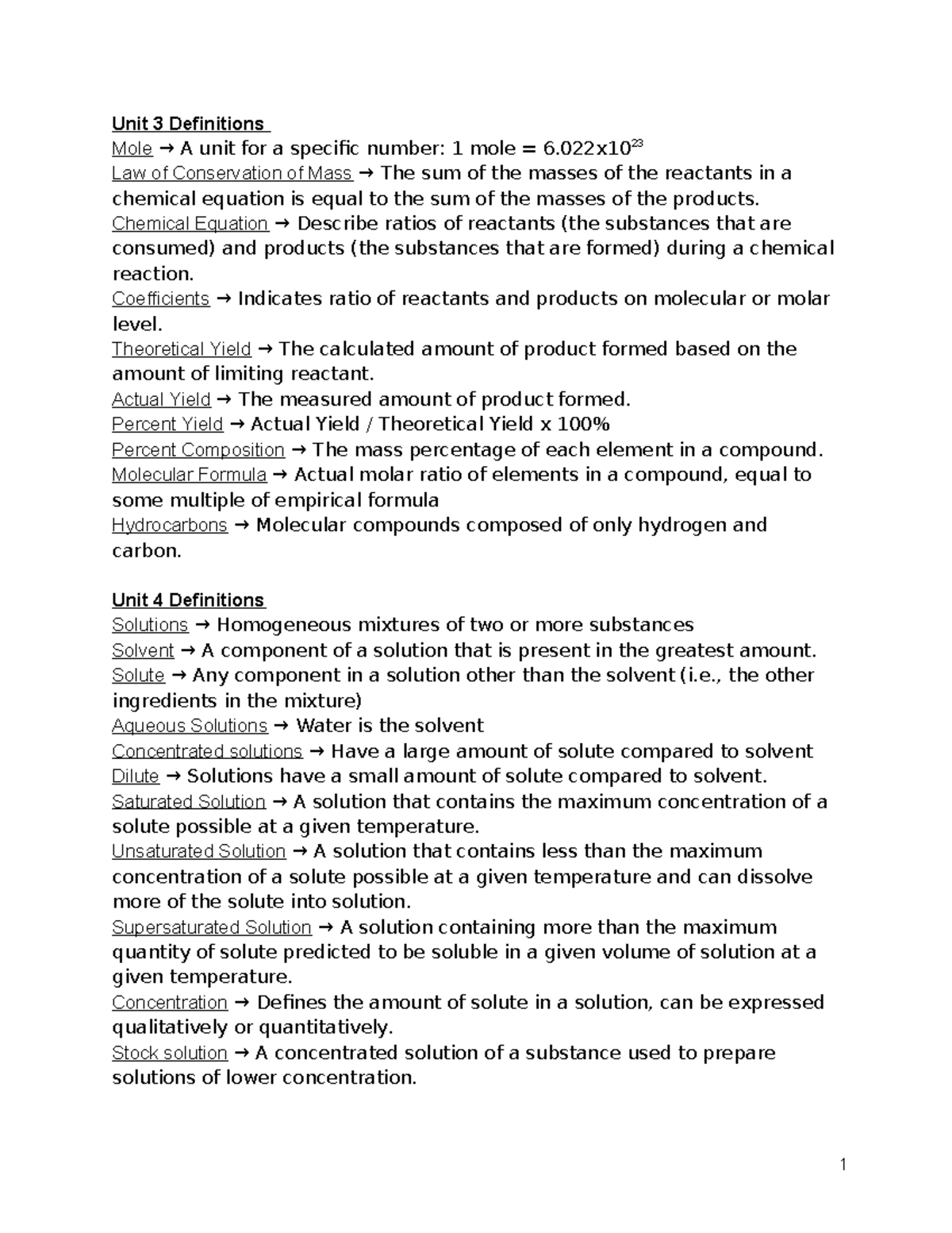 Unit 3 & 4 Definitions and Concepts - CHEM 104 Notes - Studocu