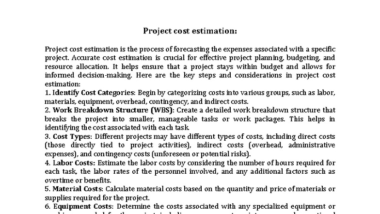 Chapter 5 - Project Cost Estimation and Planning Notes - Studocu