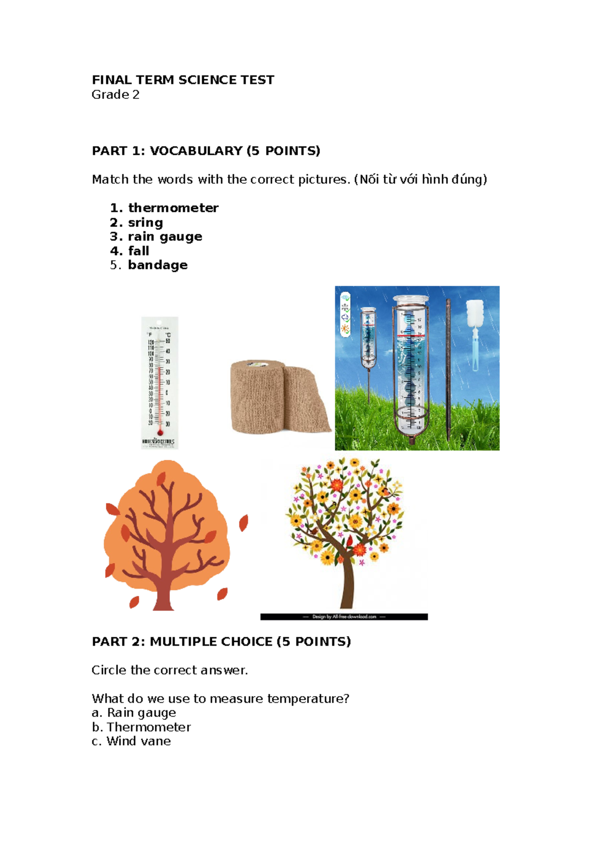 Final Term Science Test for Grade 2 - Vocabulary & Concepts - Studocu