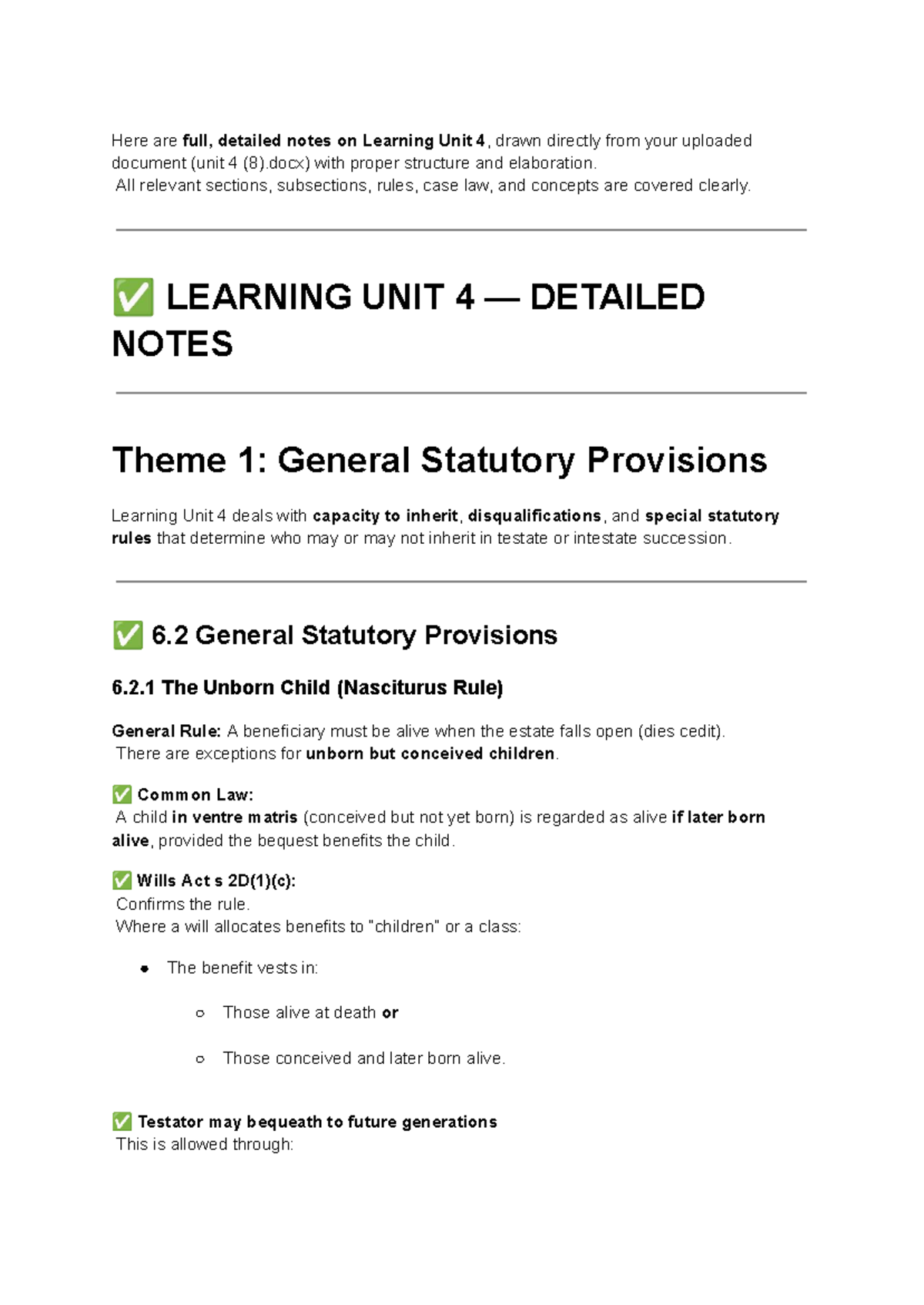 Learning Unit 4: Detailed Notes on Inheritance Law for Exams - Studocu