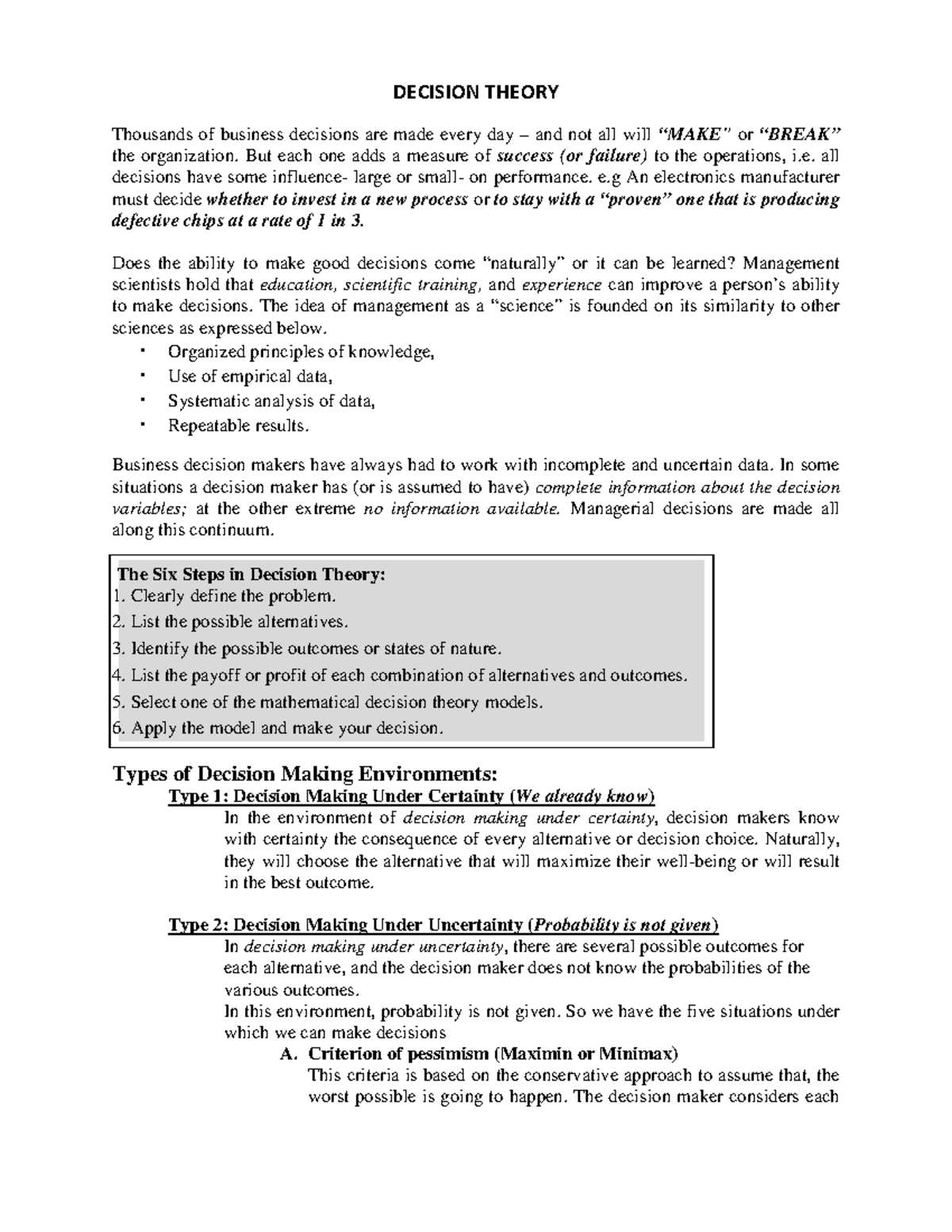 Decision Theory (BUS 101) - Key Concepts and Frameworks - Studocu