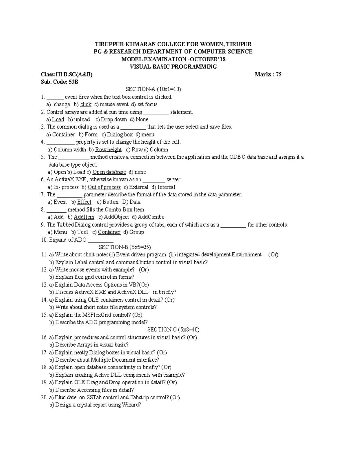 Visual Basic Programming Model Exam Notes - Sub. Code: 53B - Studocu