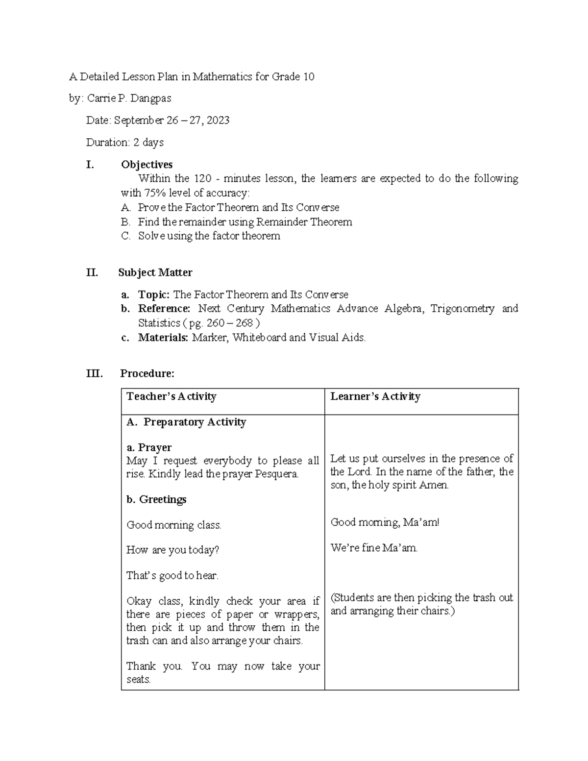 Lesson Plan - Grade 10 Mathematics: Understanding Factor Theorem - Studocu