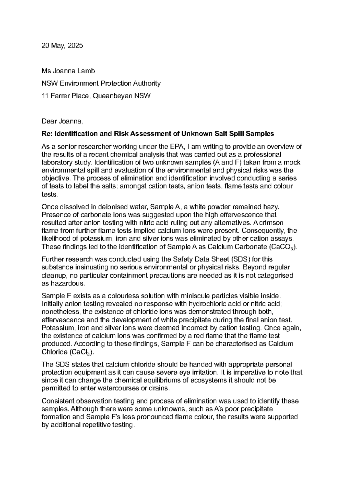 Letter to EPA: Risk Assessment of Unknown Salt Spill Samples (E2) - Studocu