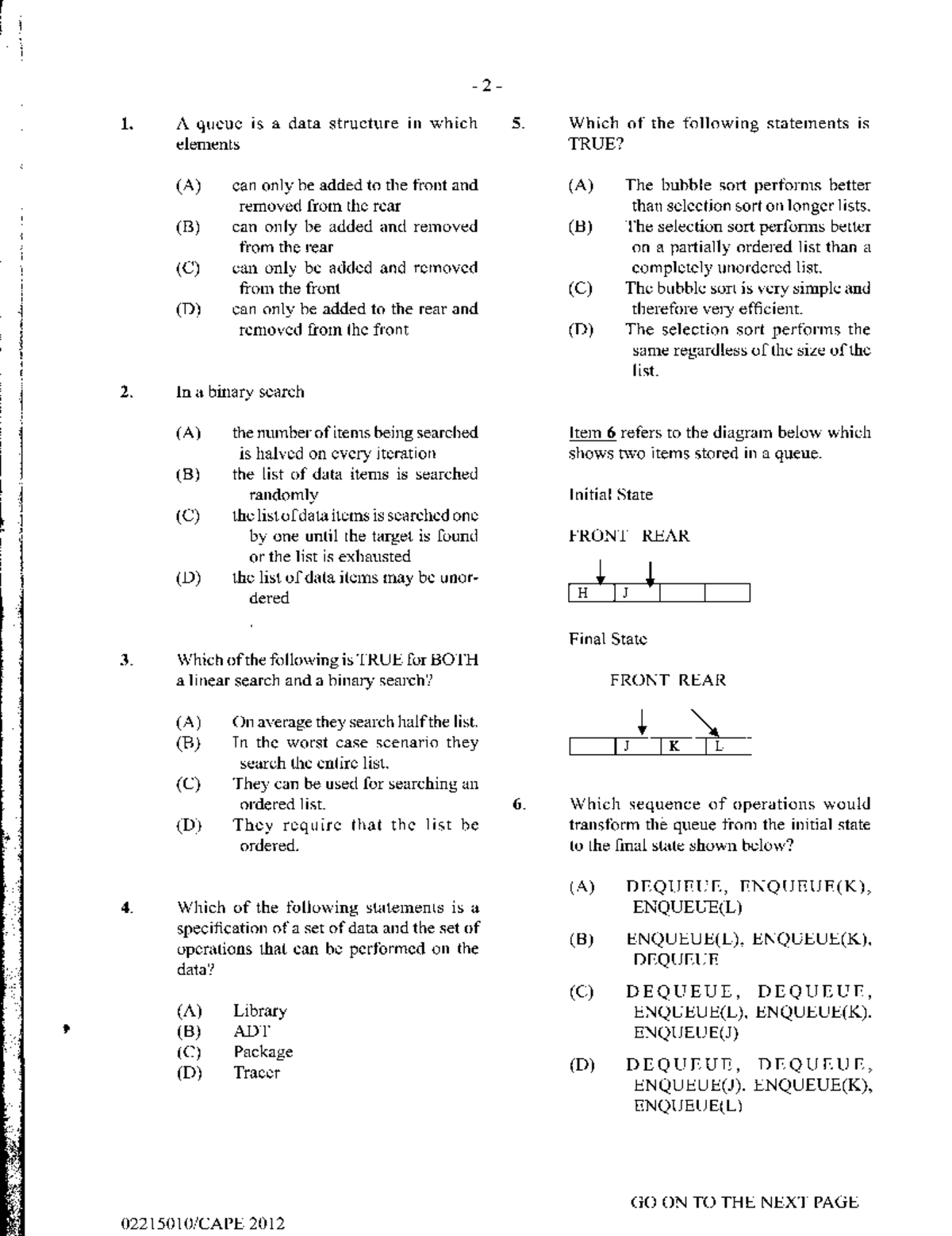 Comp Sci U2 P1 2012 - GAPE Computer Science Unit 2 Multiple Choice ...