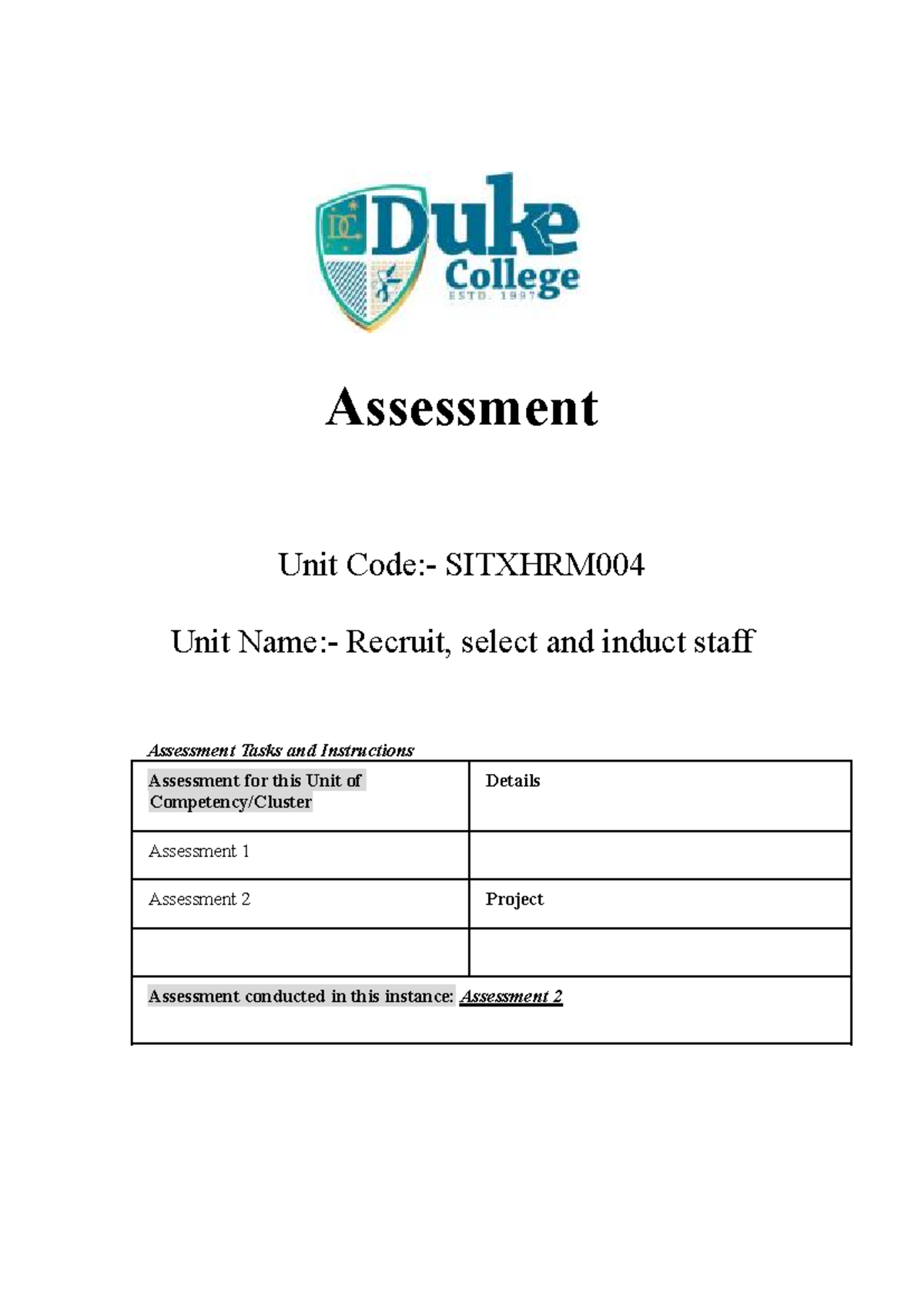 Sitxhrm 004 Assessment 2 - Assessment Unit Code:- SITXHRM Unit Name ...