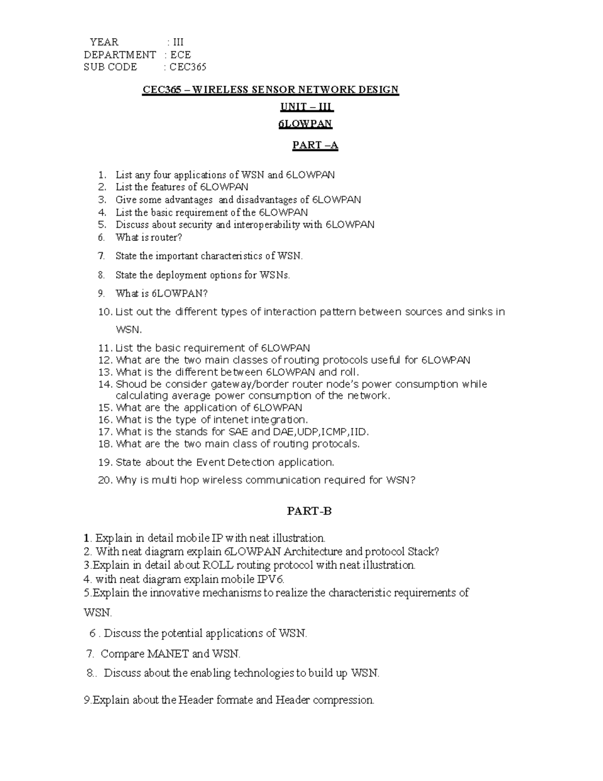 CEC365 Wireless Sensor Networks - Unit III 6LOWPAN Study Guide - Studocu