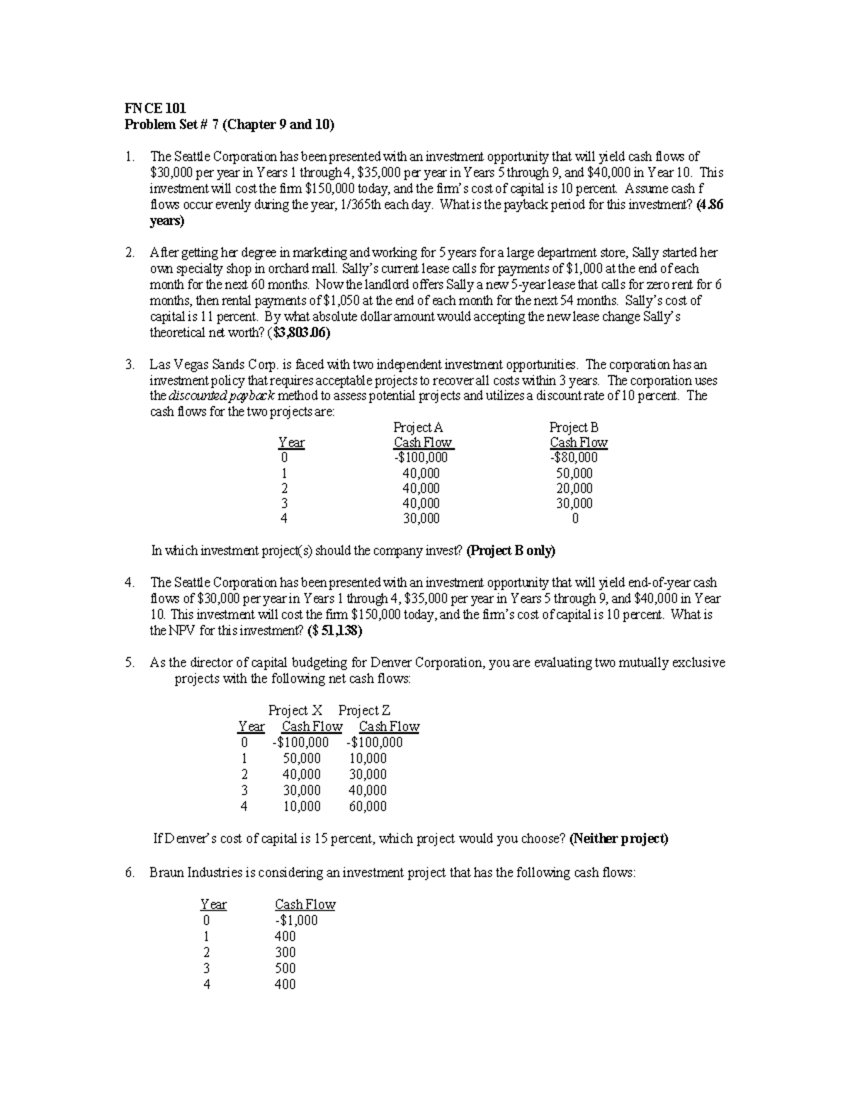 FNCE101 Problem Set 7: Capital Budgeting & Investment Criteria Analysis ...
