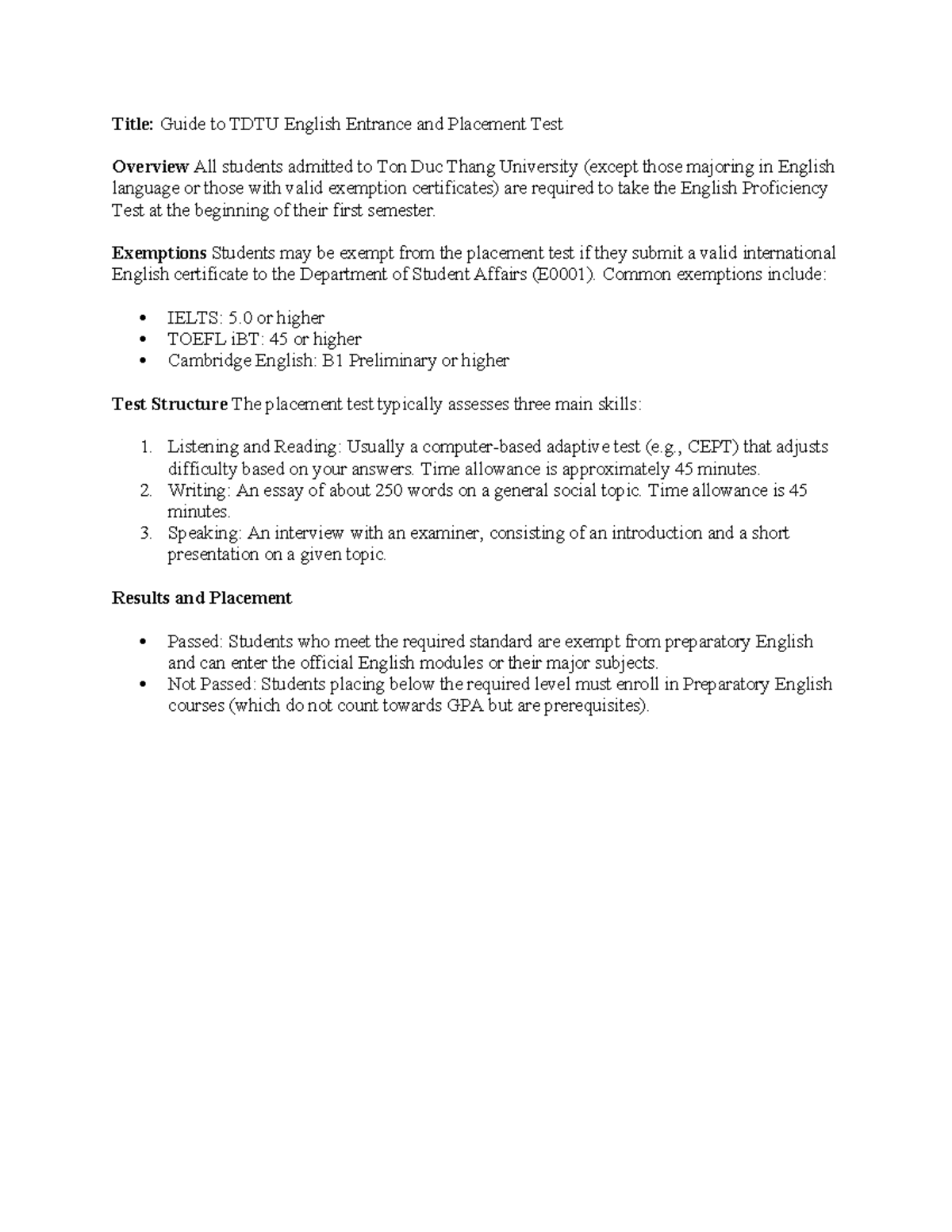 TDTU English Entrance & Placement Test Guide 2025 - Studocu