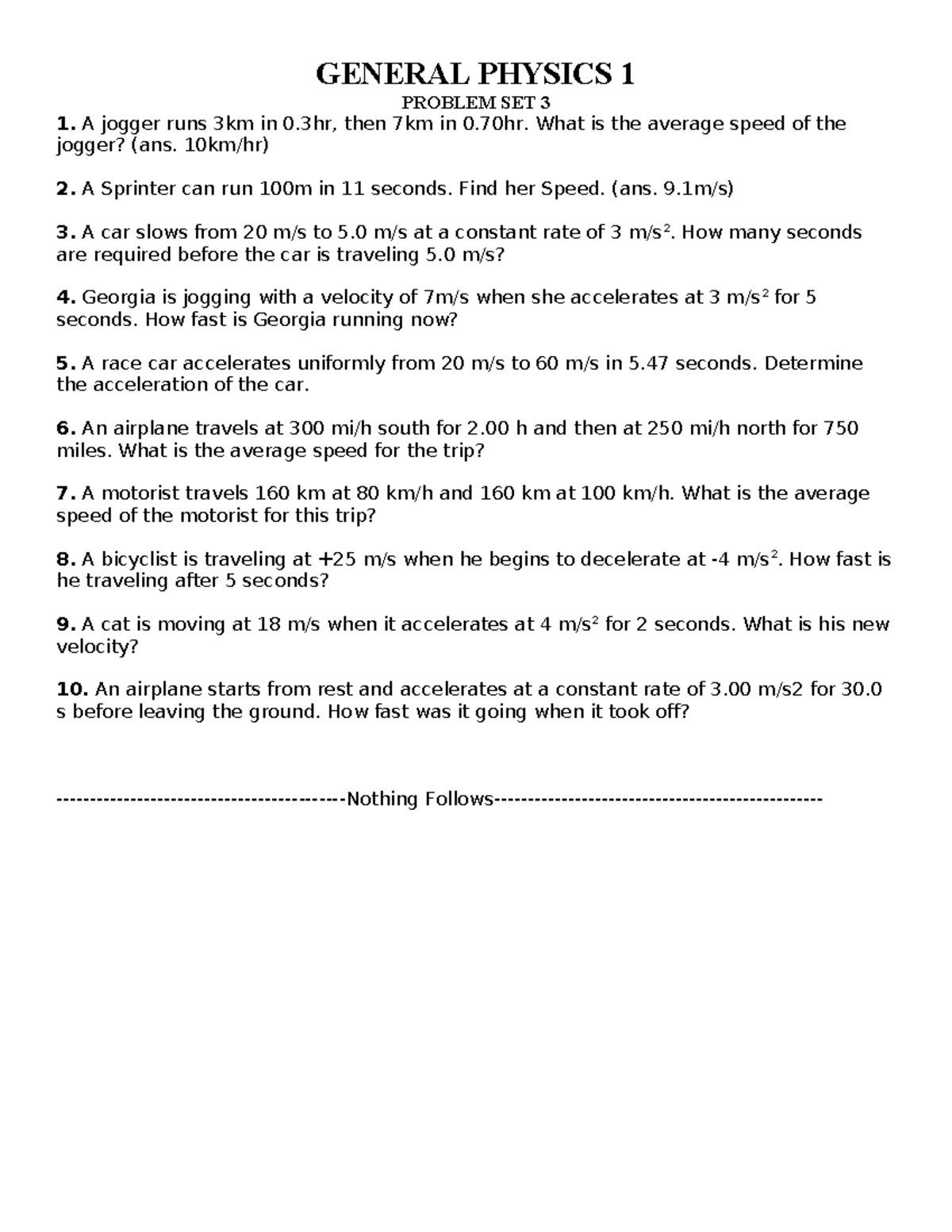 PHYS 101 PROBLEM SET 1: VELOCITY & ACCELERATION QUESTIONS - Studocu