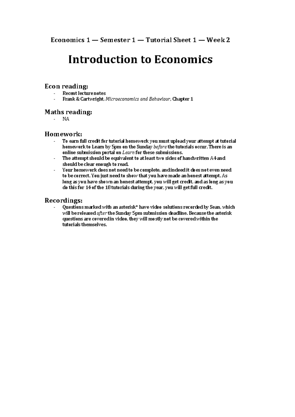 Econ 1 S1 W2 Tutorial Sheet 1 Solutions: Intro to Economics - Studocu