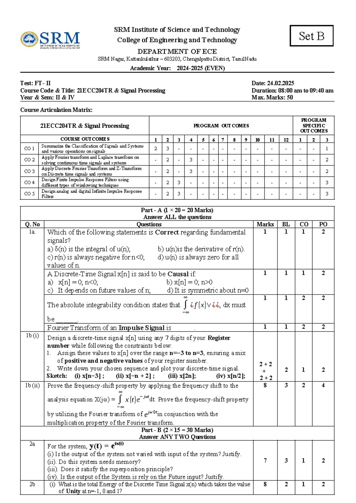 Signal Processing Course 21ECC204TR Test II Set B Notes - Studocu