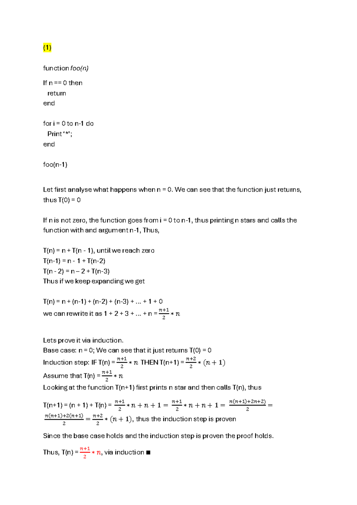 Algorithm Analysis: Recursion and Induction in Functions (CS101) - Studocu