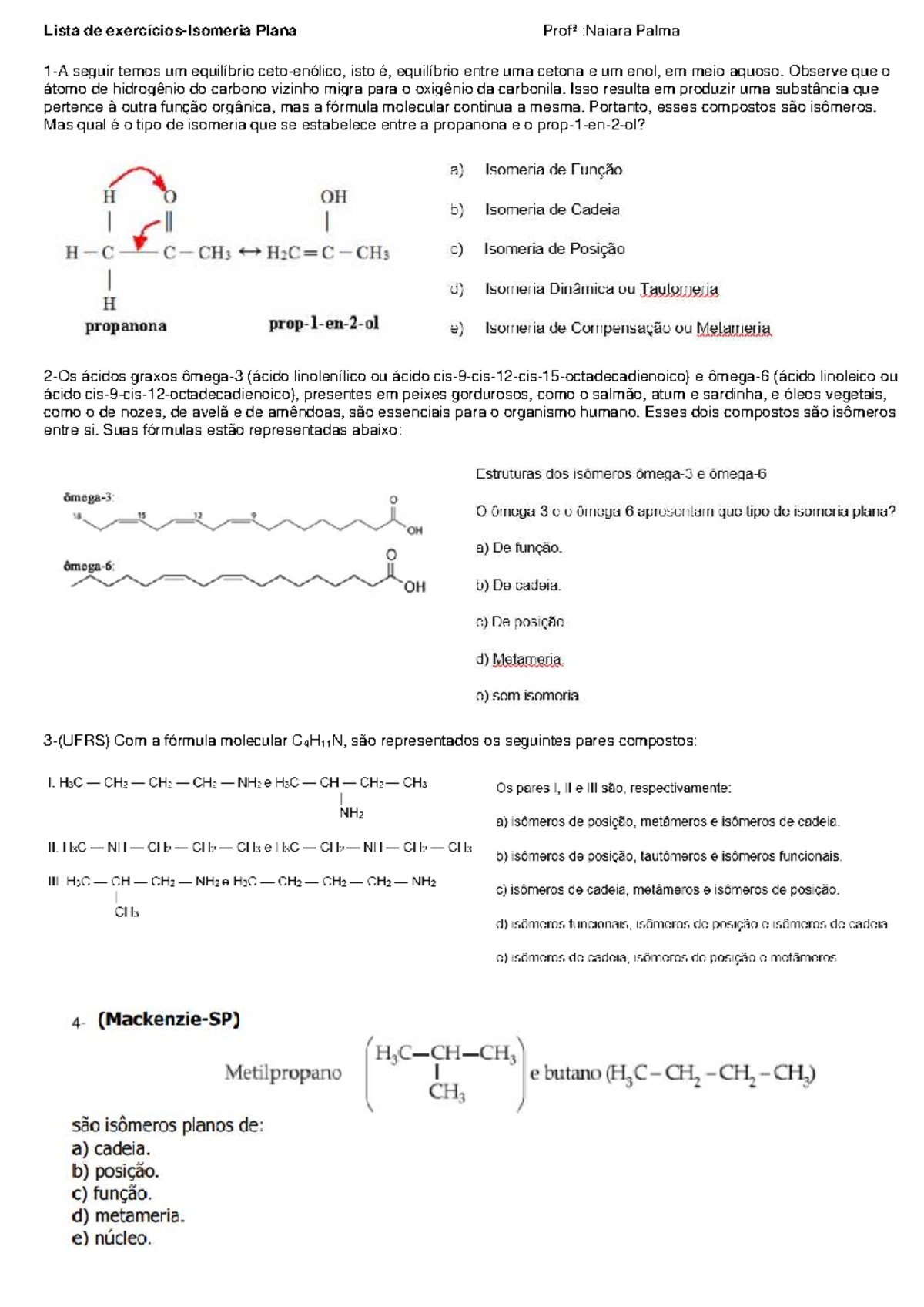 Lista de Exercícios sobre Isomeria Plana - Profª Naiara Palma - Studocu