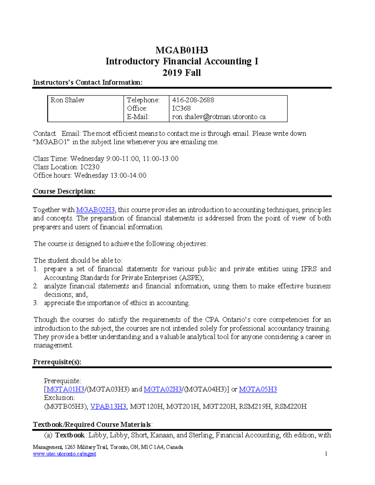 MGAB01H3 Introductory Financial Accounting I Course Outline - Fall 2019 ...