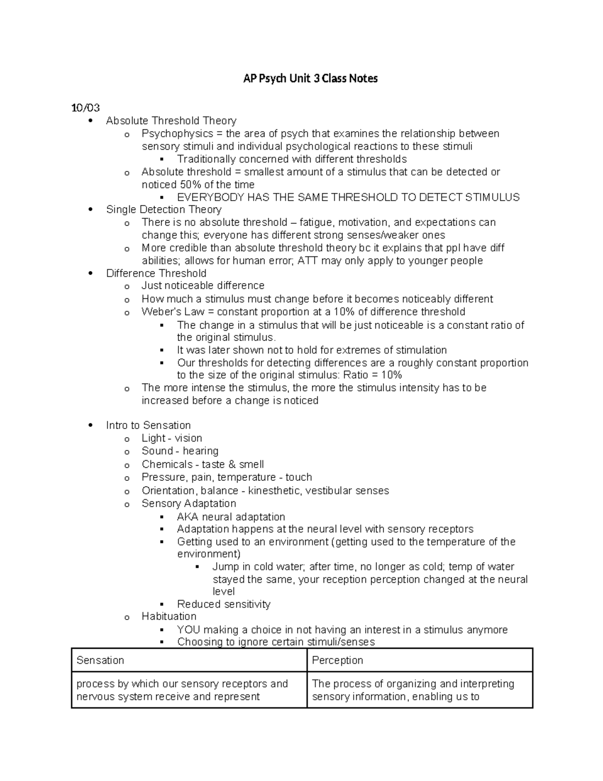 AP Psych Unit 3: Sensation & Perception Class Notes - Studocu