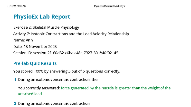 BIOL 430 - PhysioEx Lab Report: Skeletal Muscle Isotonic Contractions ...
