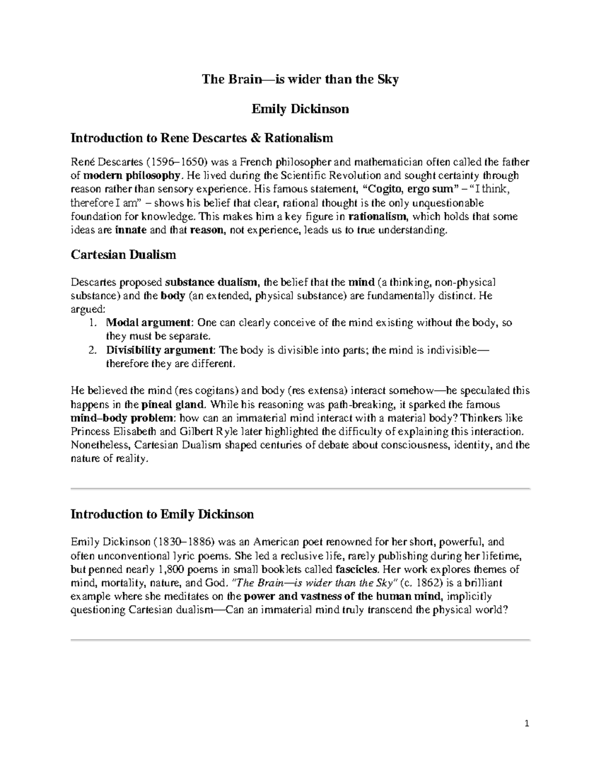 The Brain is Wider than the Sky: Analyzing Cartesian Dualism in ...