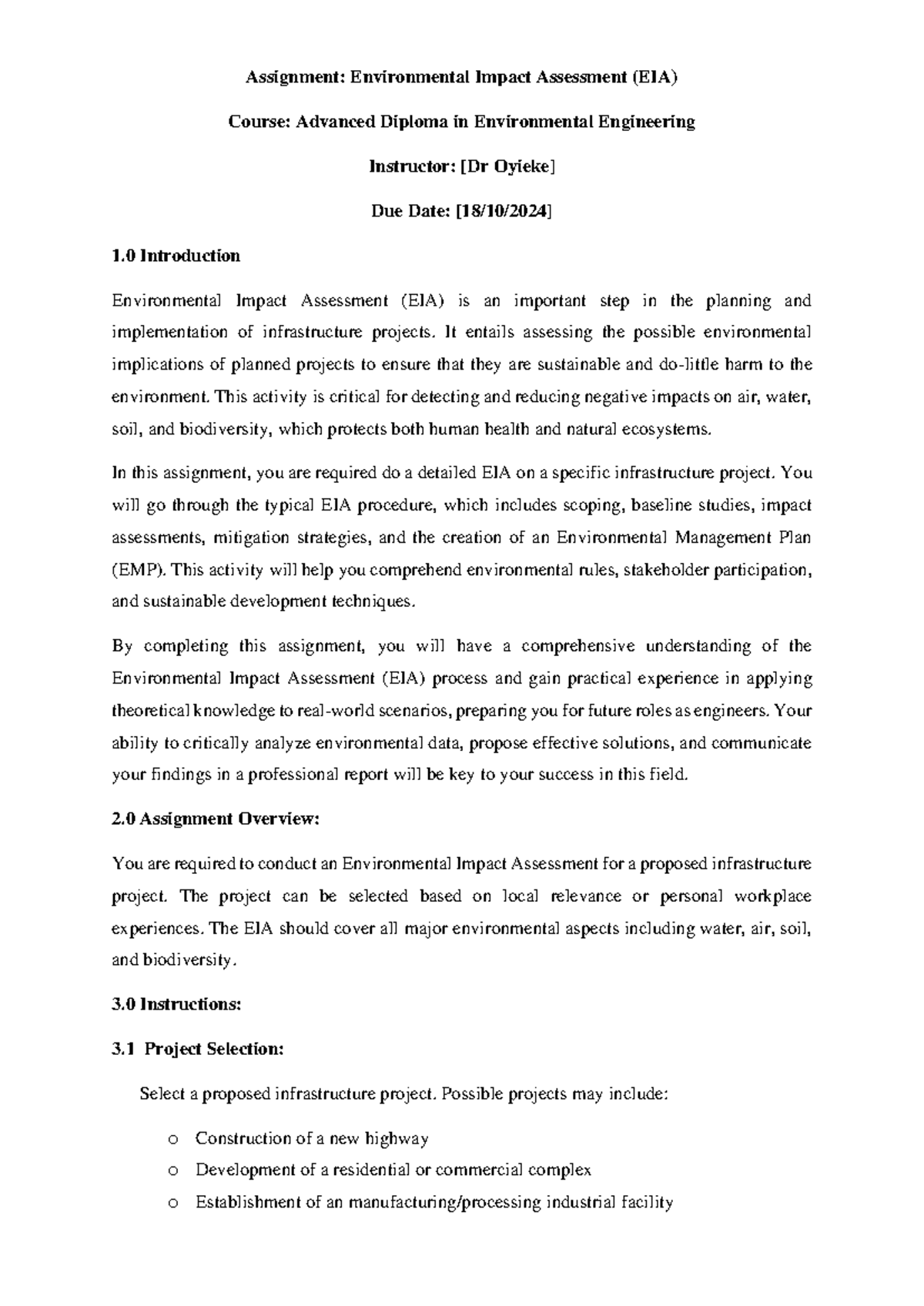 Comprehensive EIA Assignment for ENVR Course: Analyzing Infrastructure ...