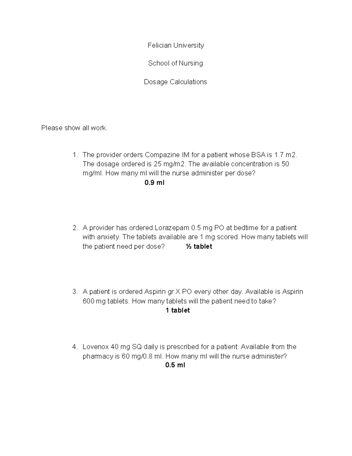 Clinical Dosage Calculations Answer Key - Felician University School of ...