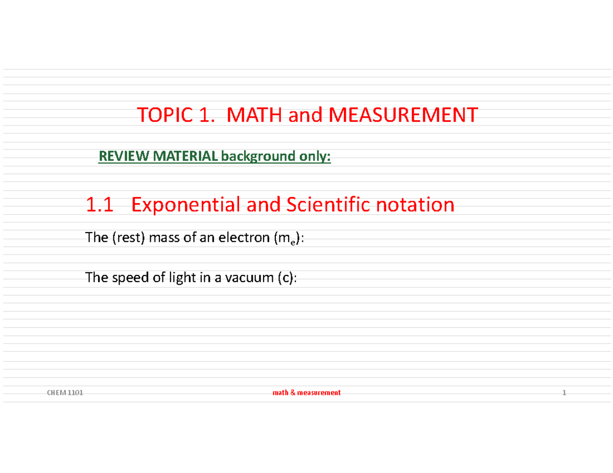CHEM 1101 Math Measurement: Exponential & Significant Figures Review ...