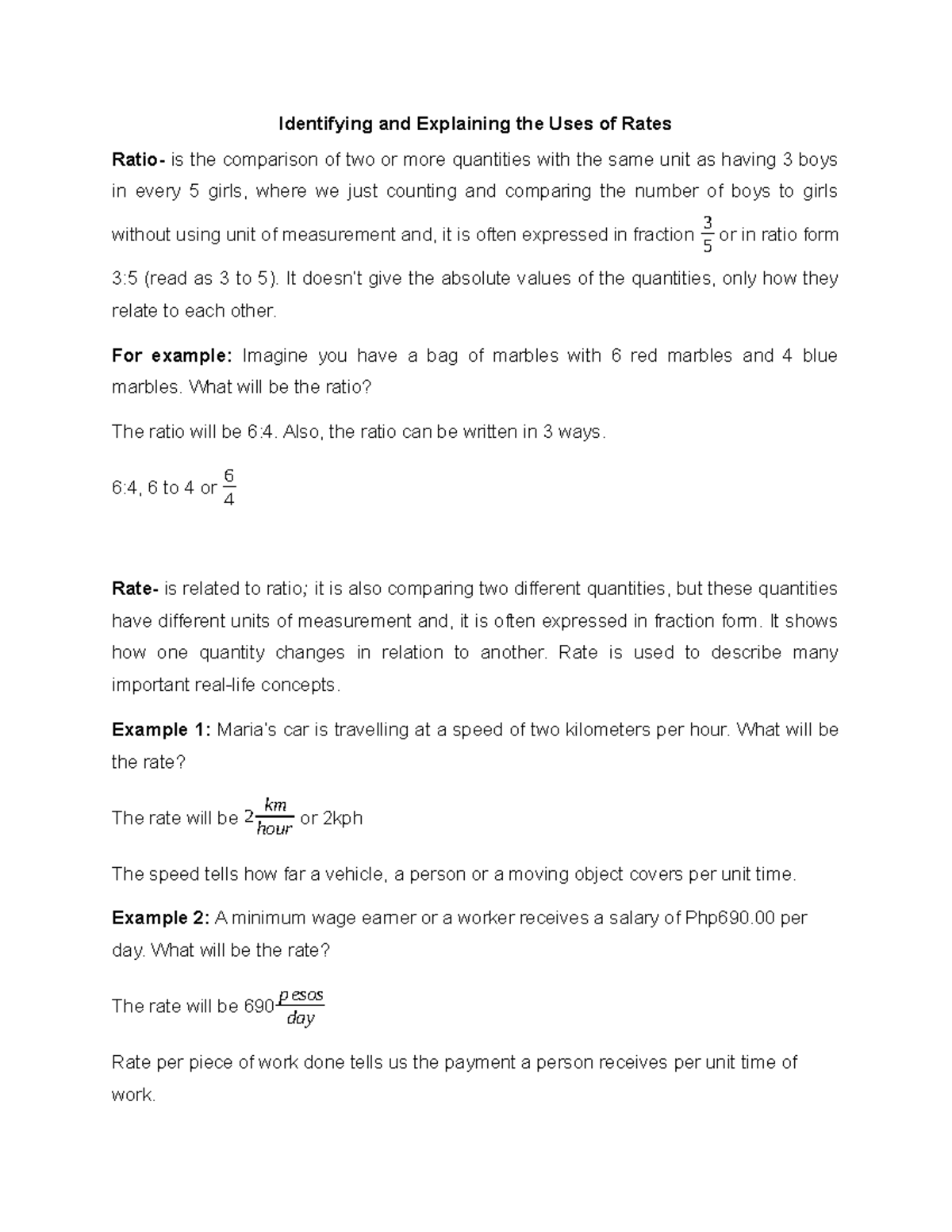 MATH 7 - Rosal (DAY 1-4) - Lesson Plan on Rates and Ratios - Studocu