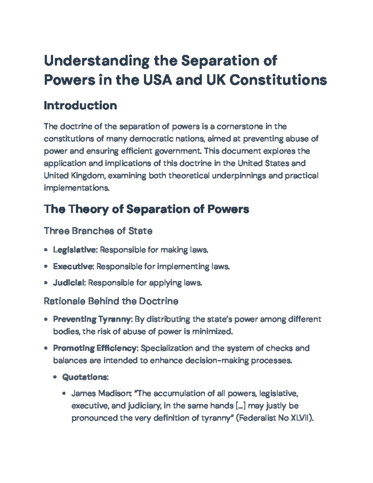 Understanding the Separation of Powers: USA vs UK Constitutions ...