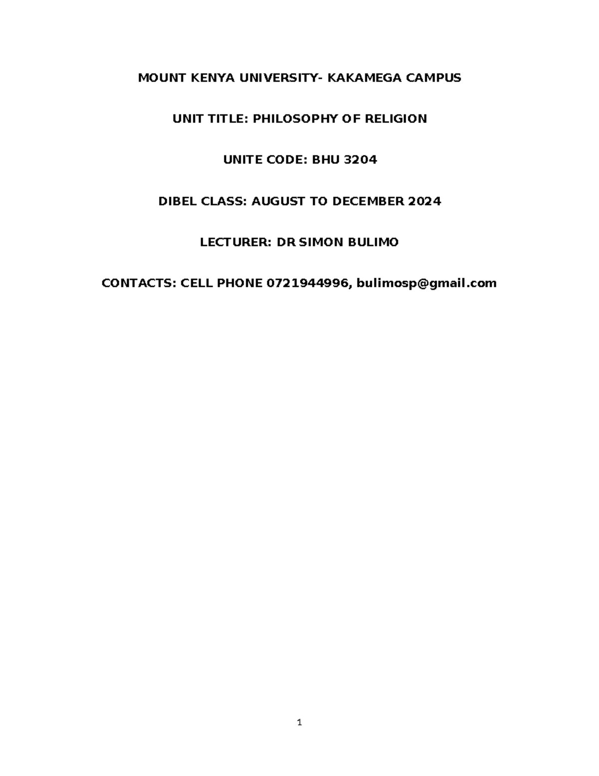 PHILOSOPHY OF RELIGION NOTES (BHU 3204) - AUGUST TO DECEMBER 2024 - Studocu