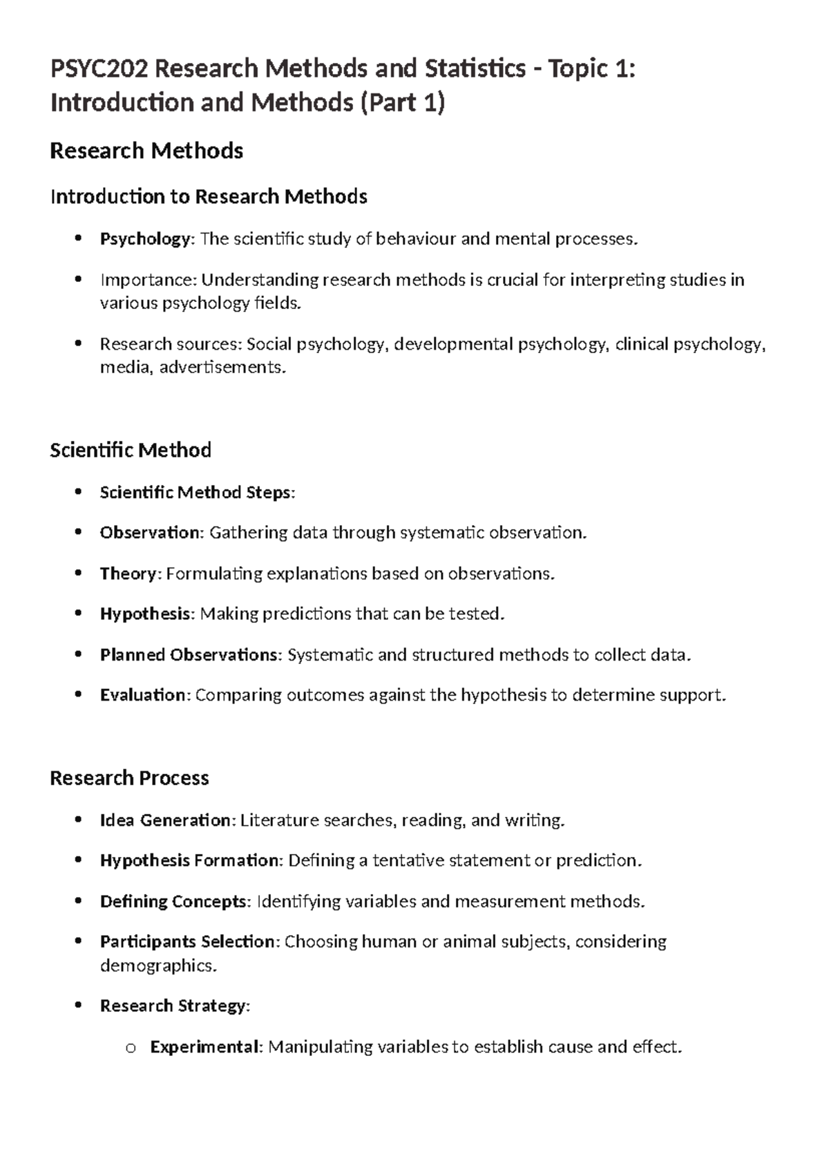 Topic 1- Introduction and Methods (Part 1) - PSYC202 Research Methods ...