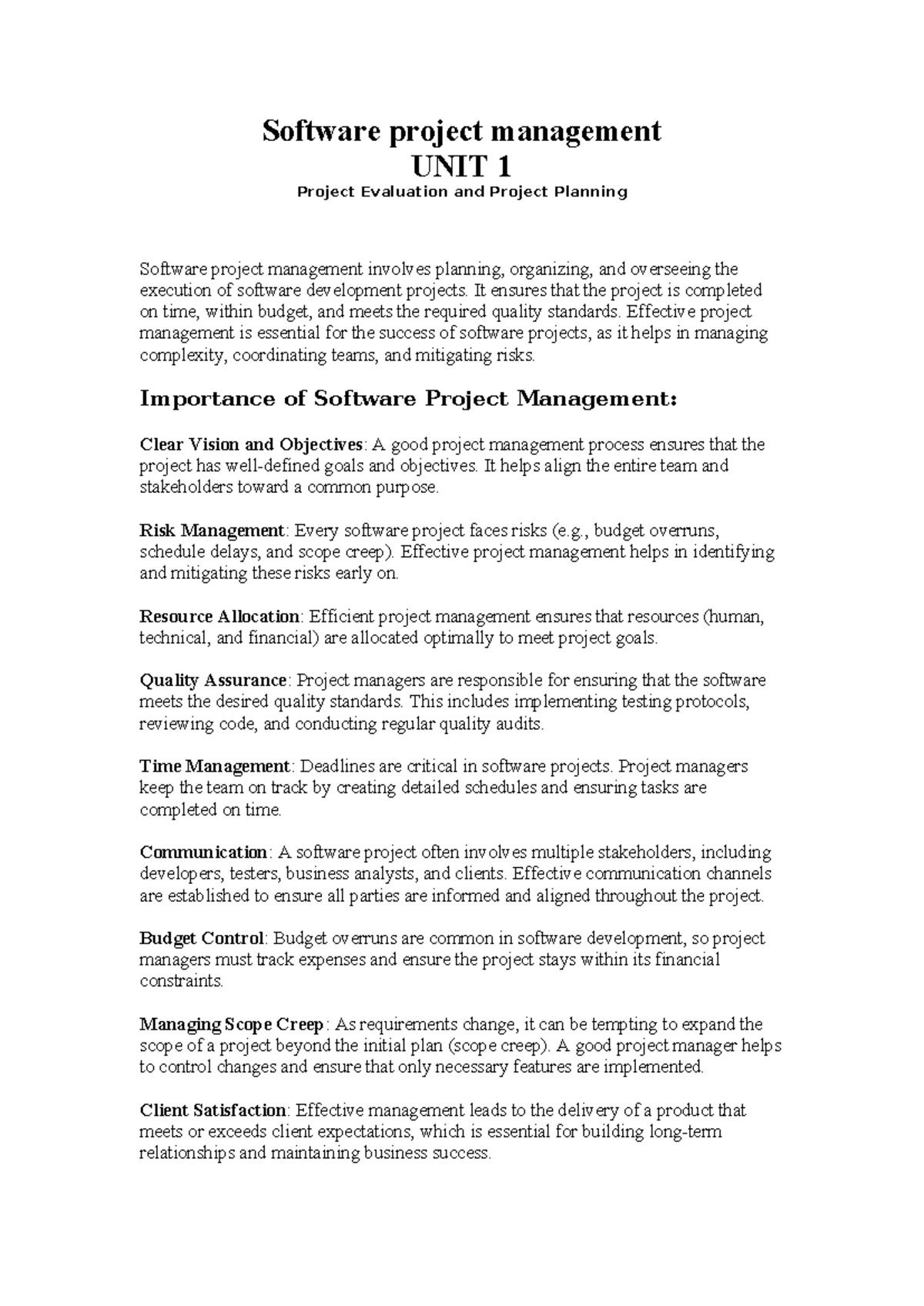 SPM UNIT 1 - Project Evaluation & Planning in Software Management - Studocu