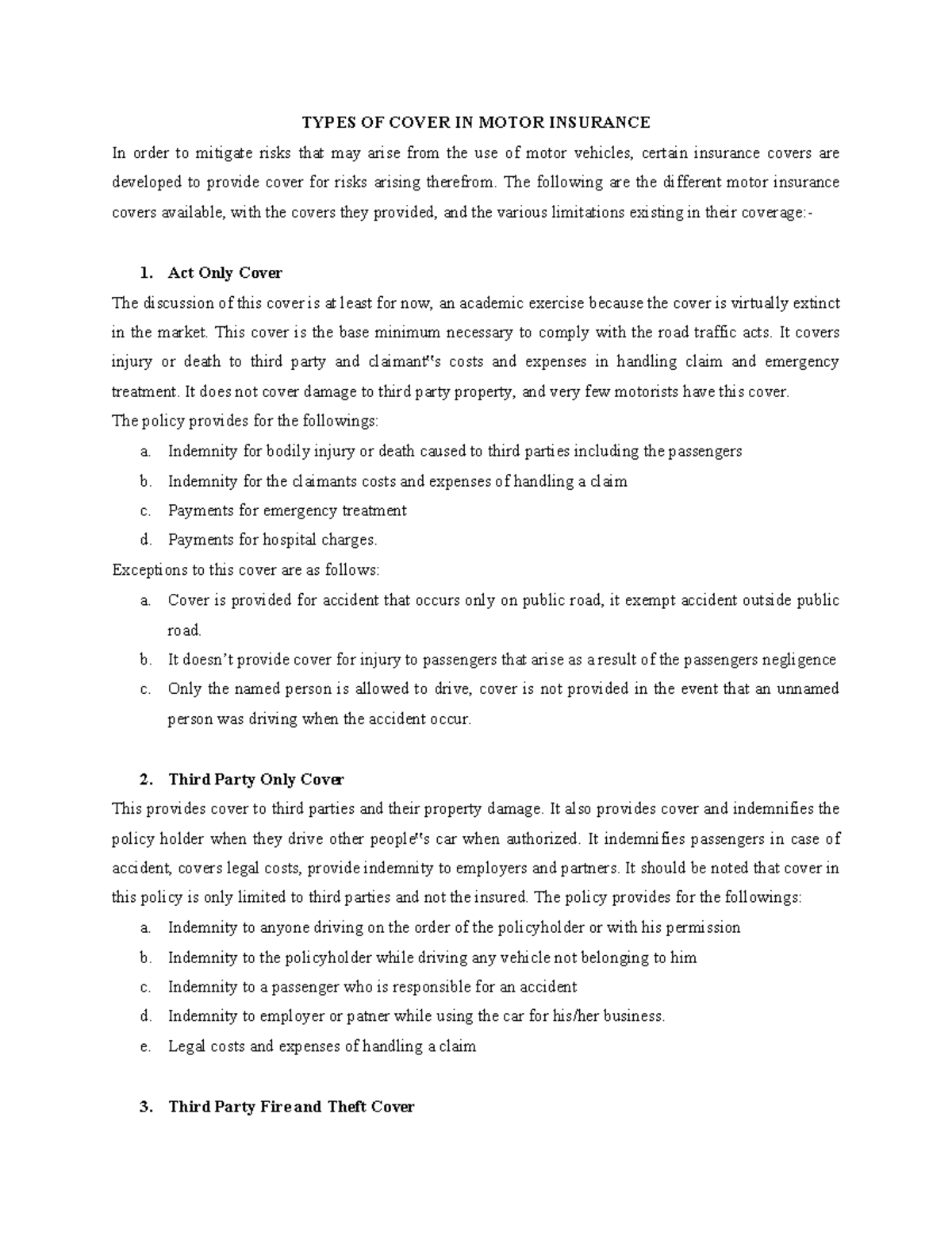 Lecture Note on Cover Types & Renewal Procedures in Motor Insurance ...