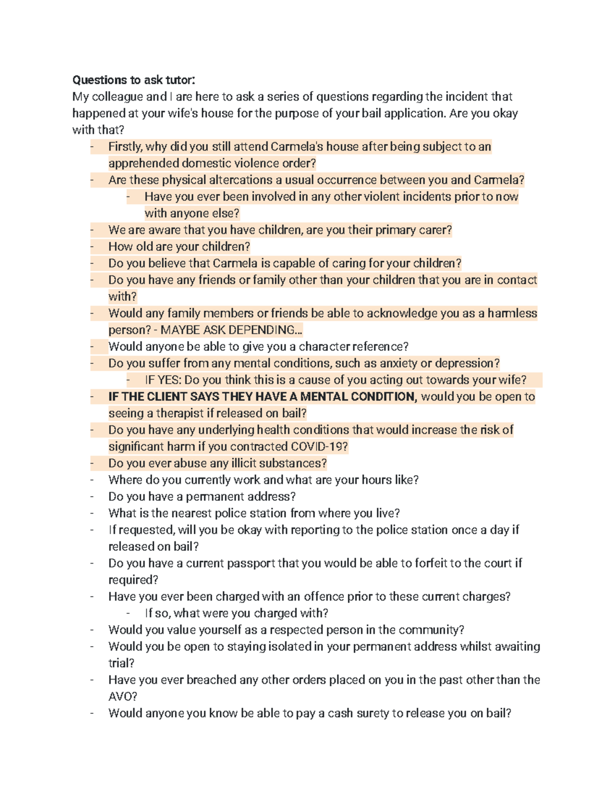 BAIL Client Interview Questions for Application Process - Studocu
