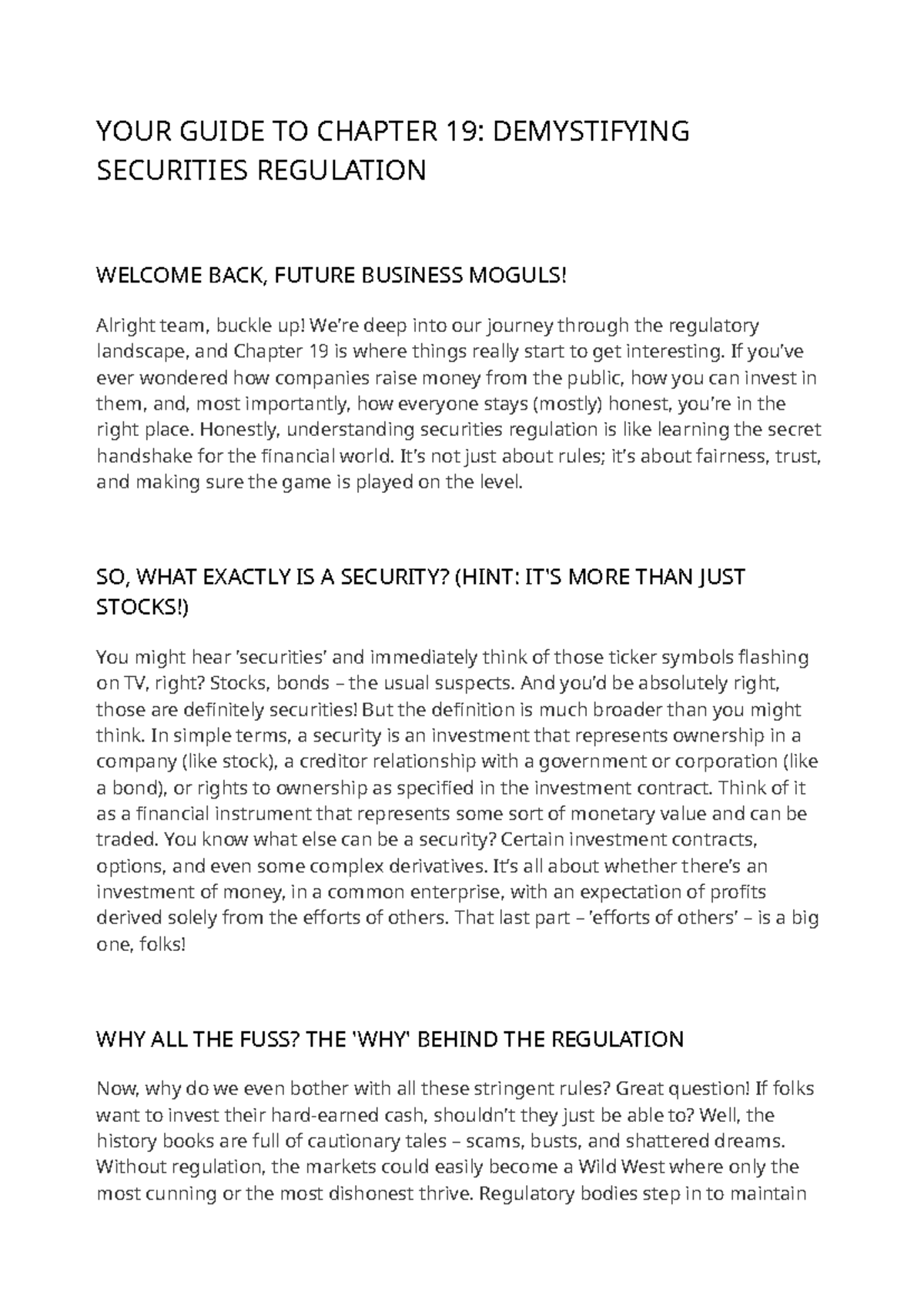 Regulatory Framework Chapter 19: Understanding Securities Regulation ...