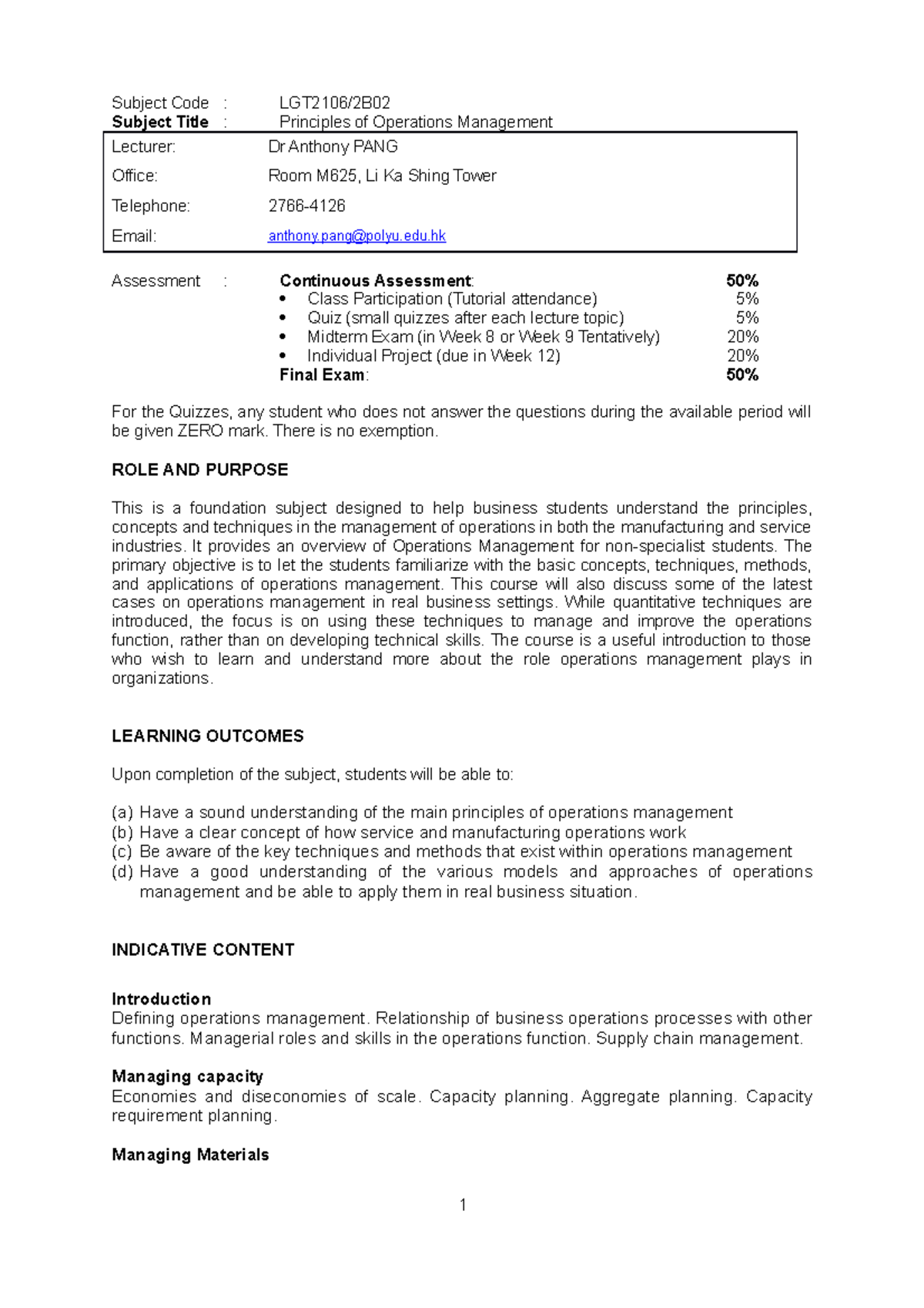 LGT 2106 Principles of Operations Management Course Outline 2022-23 ...