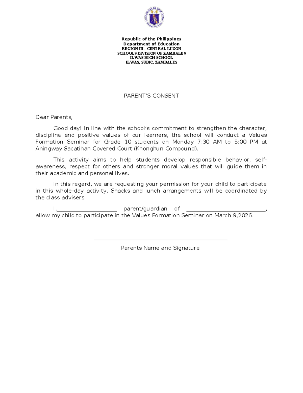 Parent Consent for Grade 10 Values Formation Seminar - Studocu