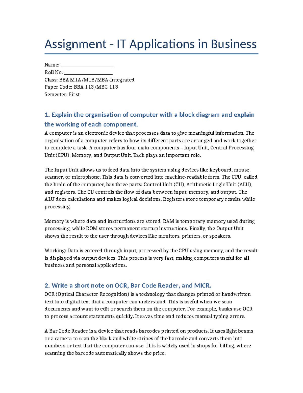 BBA 113 IT Applications in Business Assignment Overview - Studocu