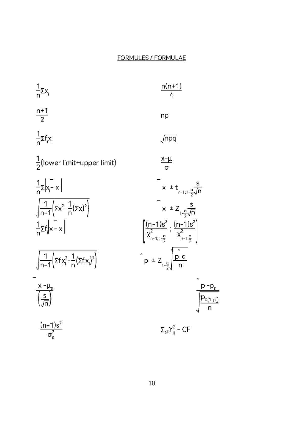 Statistics Formulas and Equations for Course 2025722 - Studocu