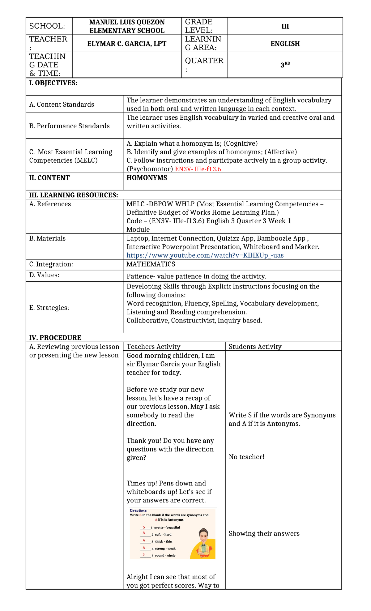 Lesson Plan: Homonyms in English III (EN3V-IIIe-f13) - Studocu