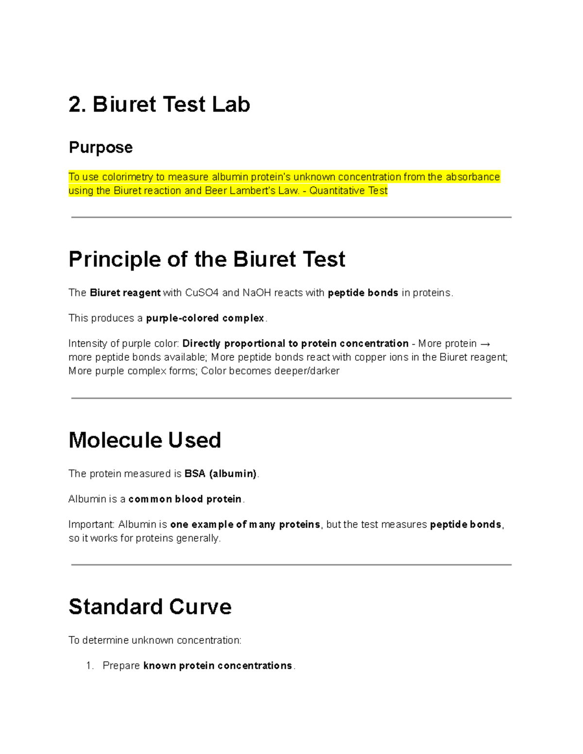 Biuret Test Lab: Measuring Albumin Concentration - Studocu