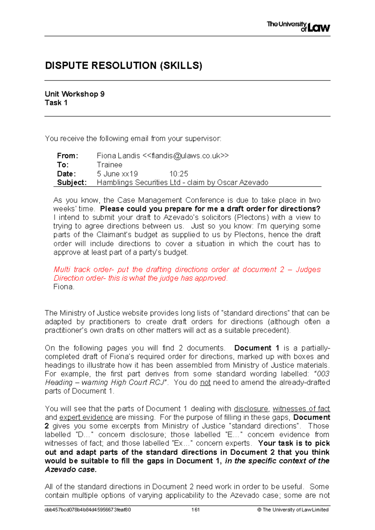 Unit 9 Task 1 - Draft Order for Directions in Azevado Case - Studocu