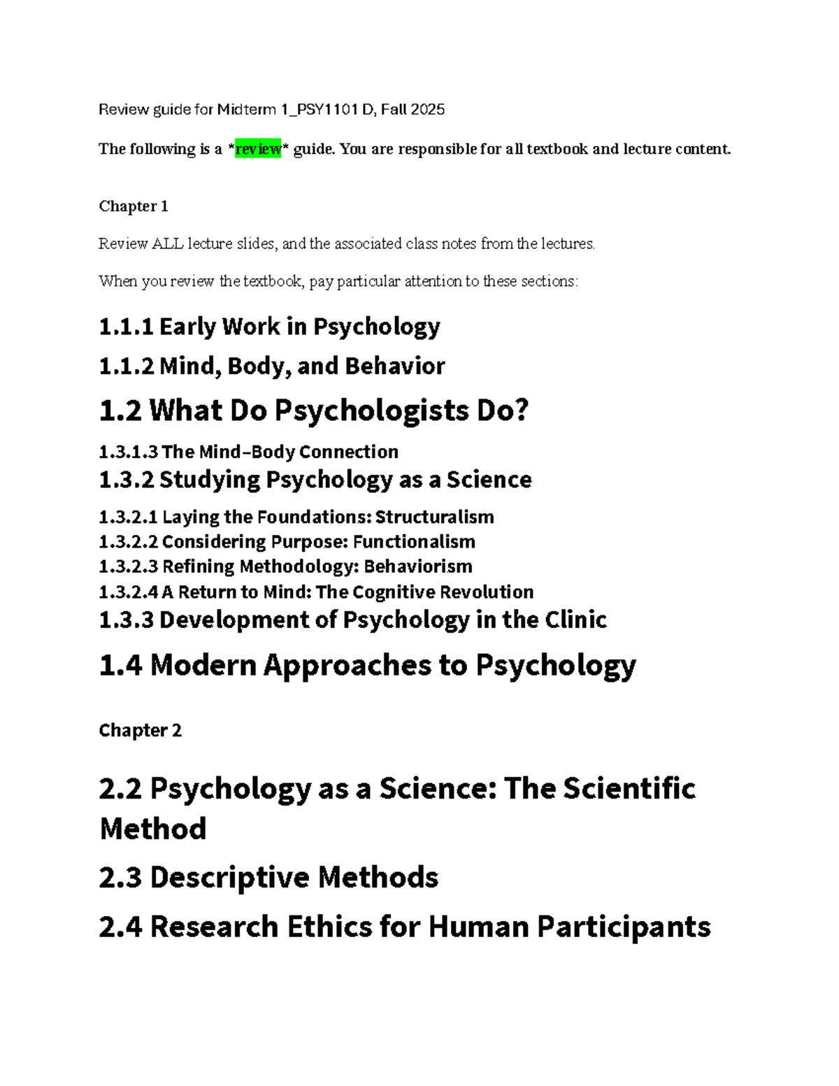 Midterm 1 Review Guide for PSY1101 D - Fall 2025 - Studocu