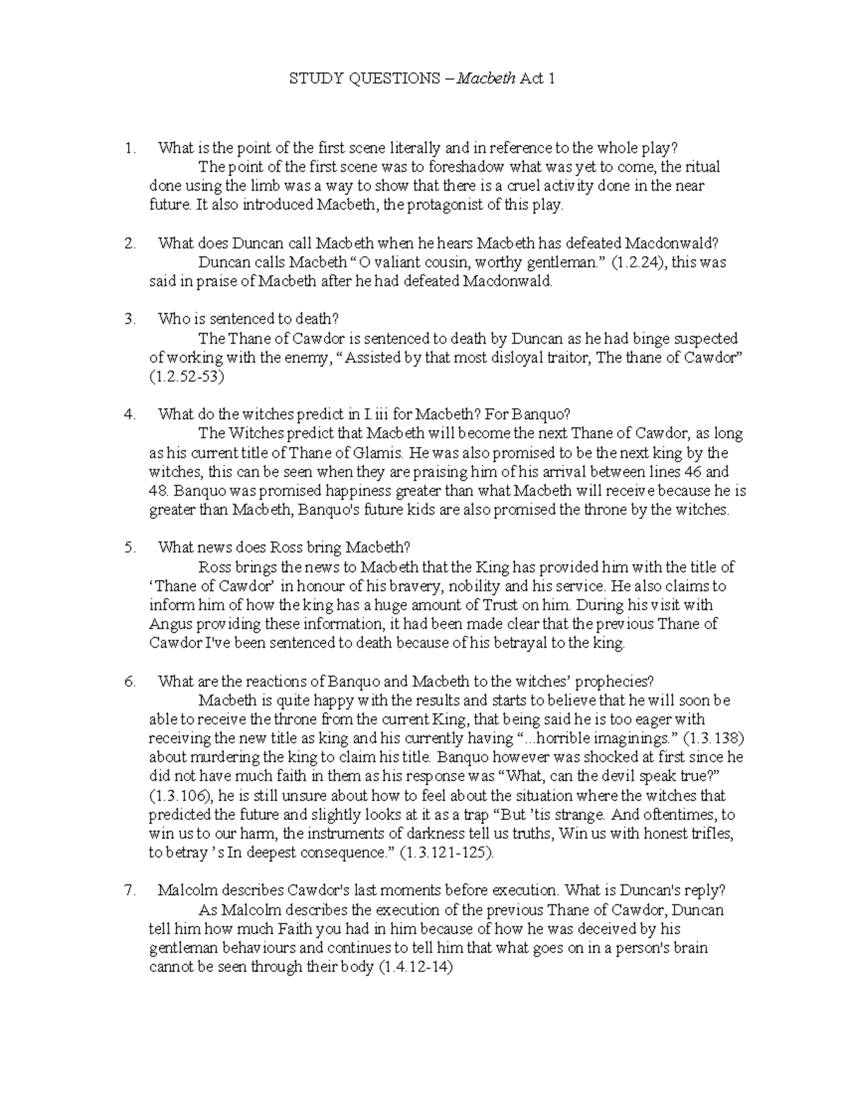 Macbeth Act 1 Study Questions and Analysis – ENG 101 - Studocu