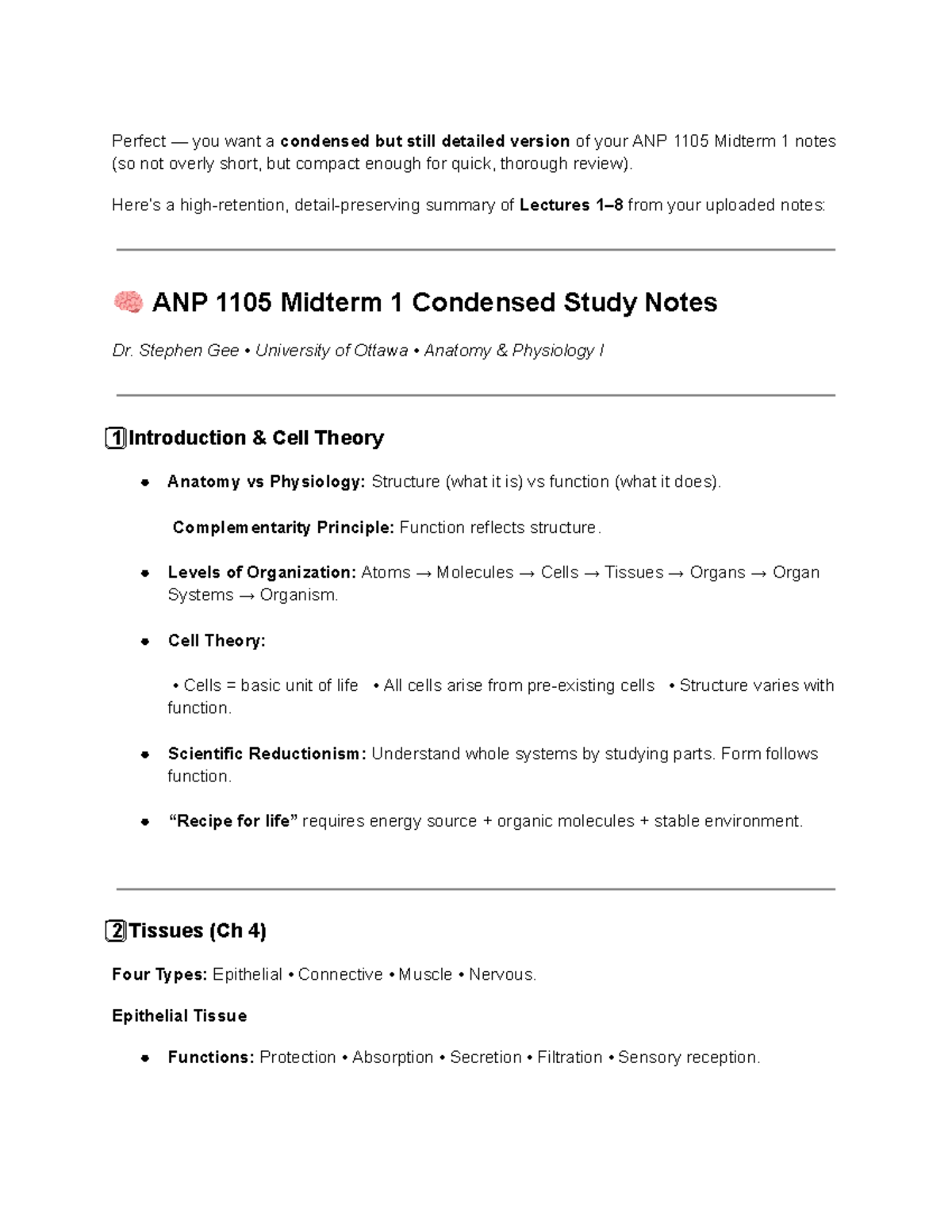 ANP 1105 Midterm 1 Condensed Study Notes for Quick Review - Studocu