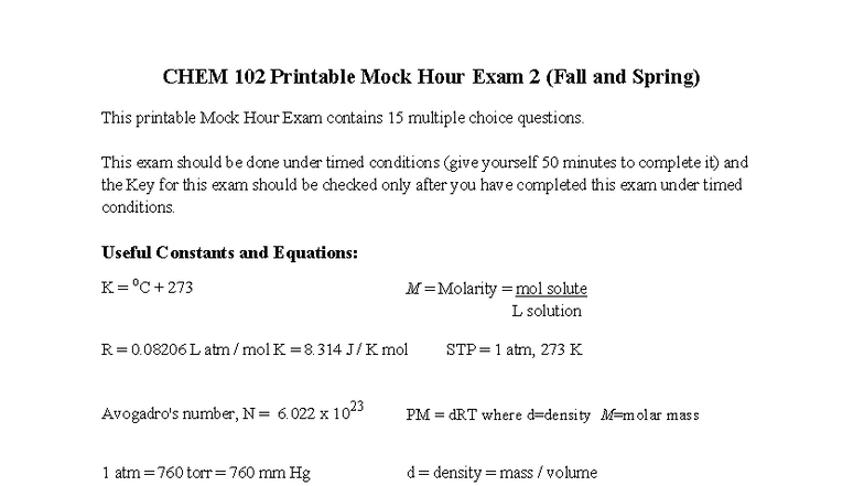 CHEM 102 Mock Hour Exam 2 (Fall & Spring) - Printable Version - Studocu