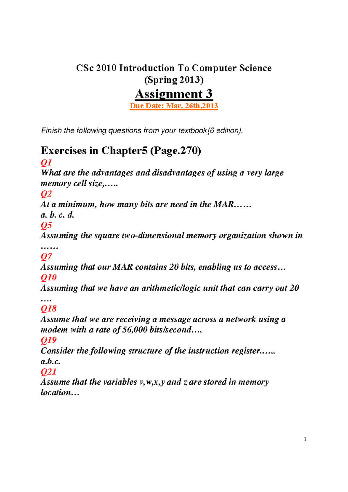 Assignment 4 03/26/2013 - CSc 2010 Introduction To Computer Science ...