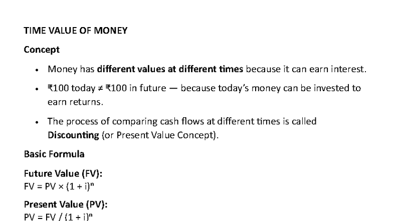 MODULE 5 ENERGY ECONOMICS - TIME VALUE OF MONEY Concept - Money has ...