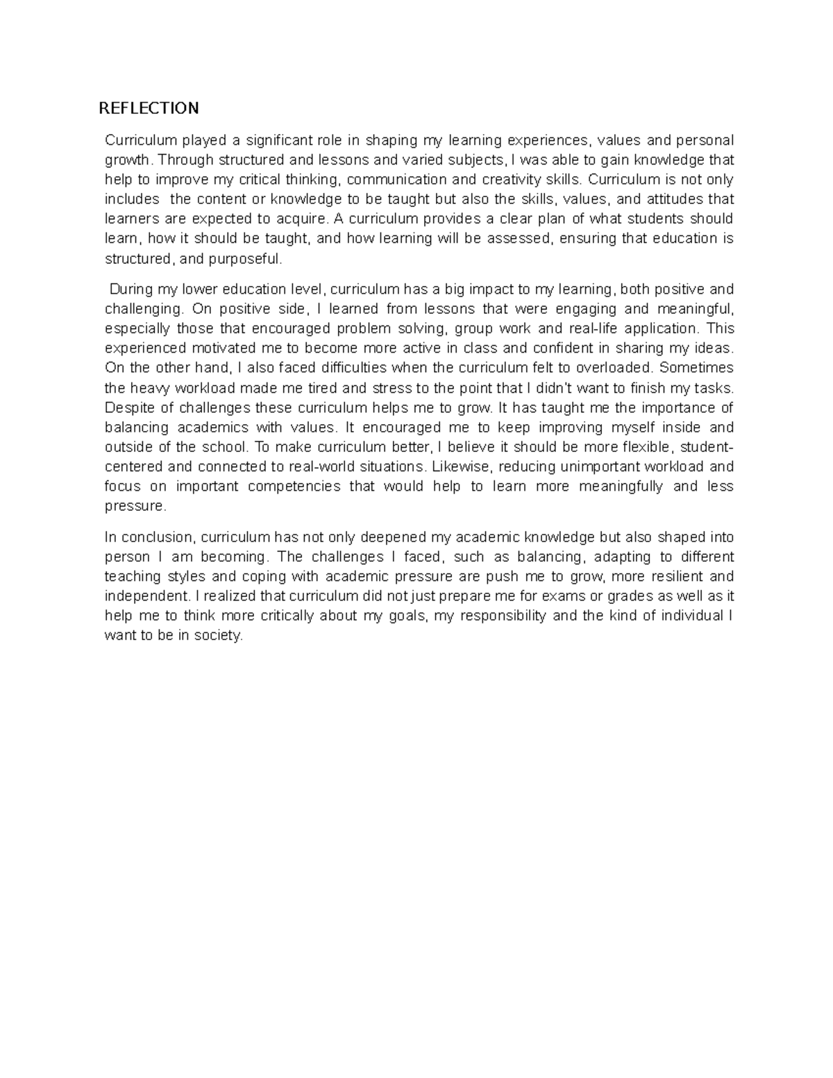 REFLECTION on Curriculum's Impact on Learning and Growth - Studocu