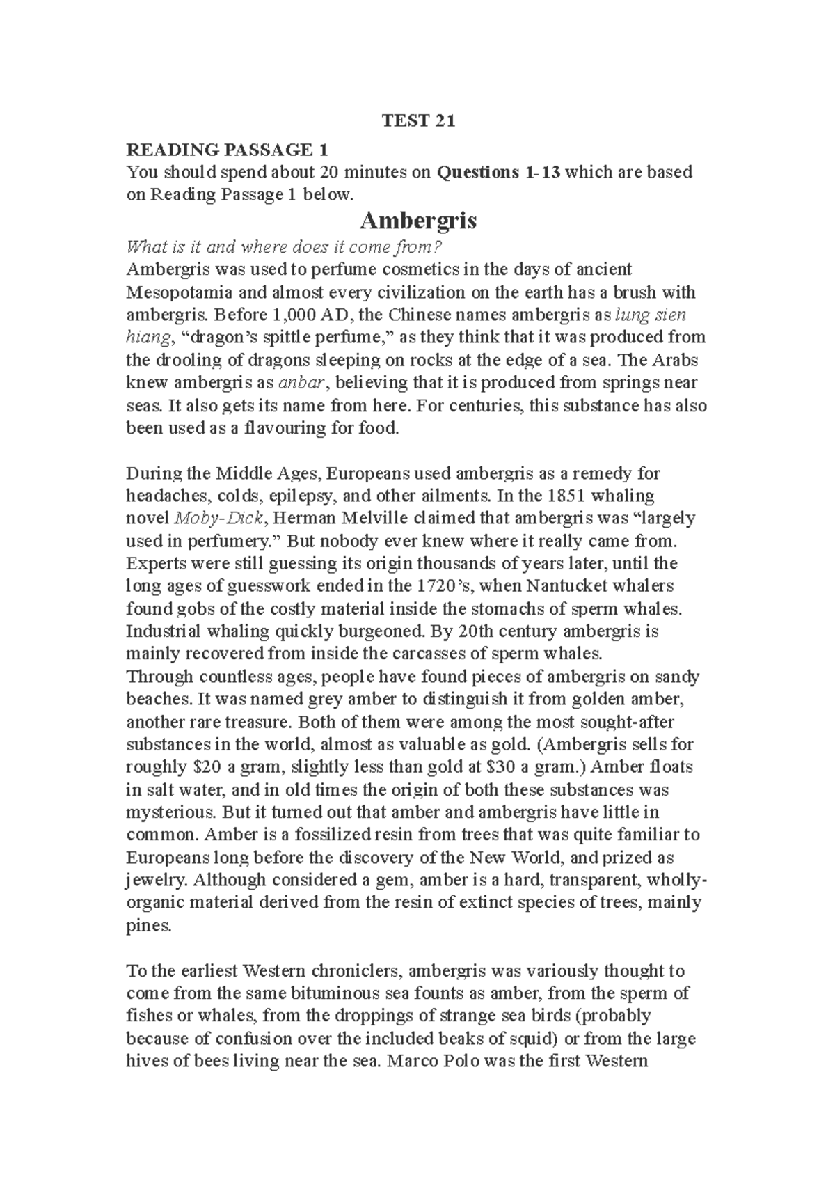 IELTS Reading Practice: Test 21 with Focus on Ambergris and Nutrition ...