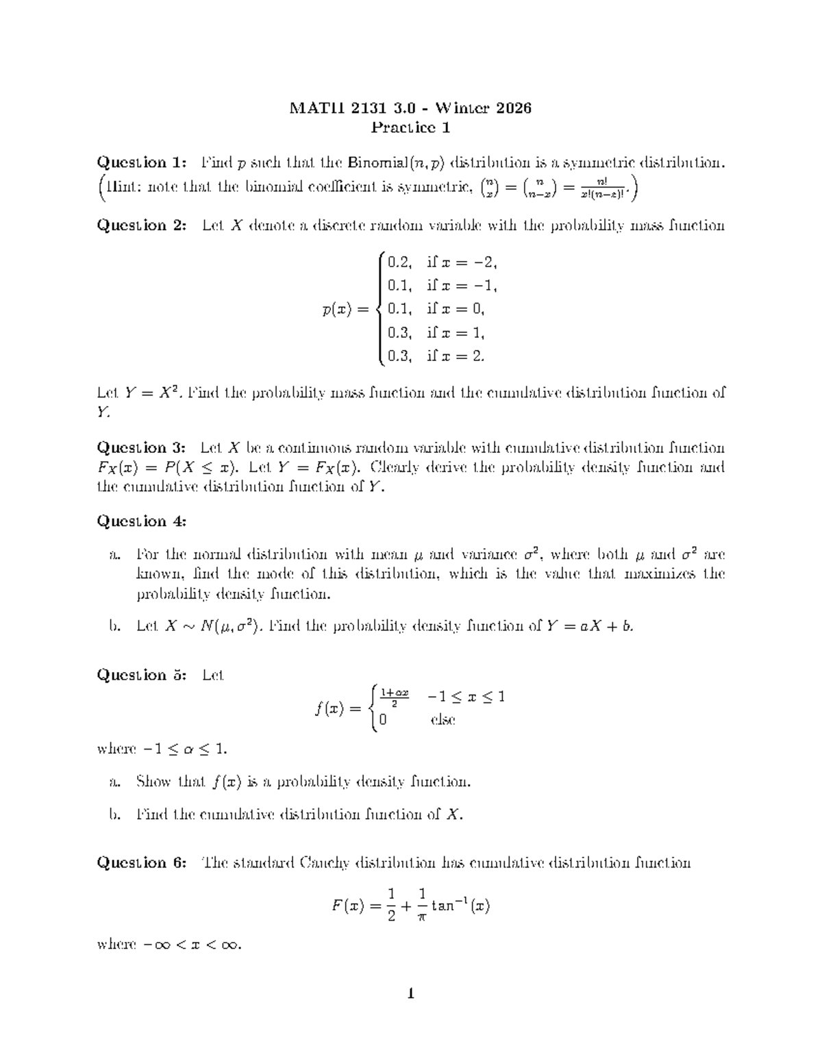 MATH 2131 3.0 Winter 2026 Practice 1: Binomial & Distribution Problems ...