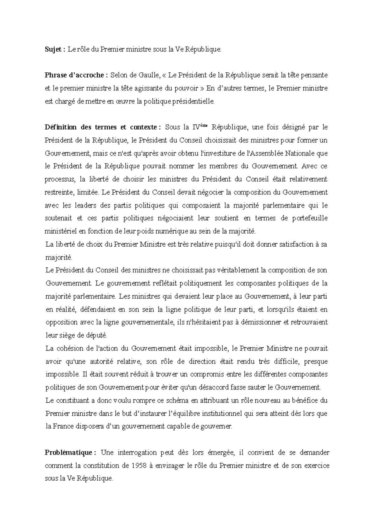 Dissertation - Le rôle du Premier ministre sous la Ve République ...